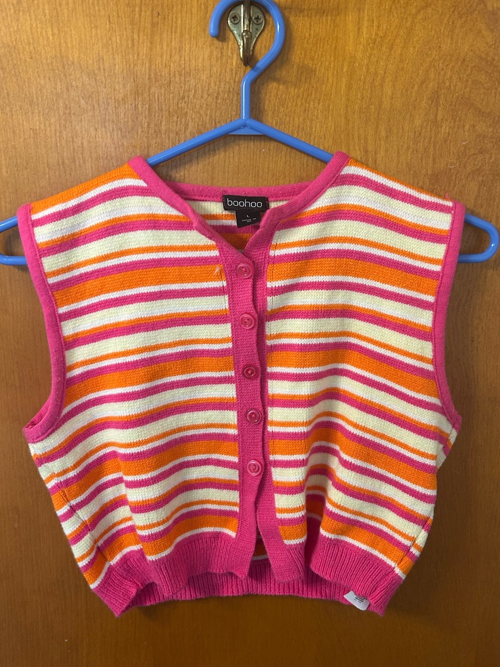 Boohoo Hot Pink, Orange & Cream Striped Button-Up Knit Vest